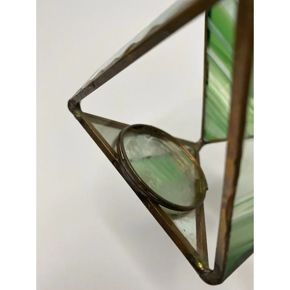 Stained‎ Green Glass Tea Light Holder Etched Glass Hummingbird Floral Design